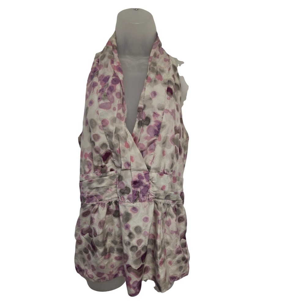 Banana Republic 100% Silk Halter Top Purple Pink Abstract Print Pleated Waist